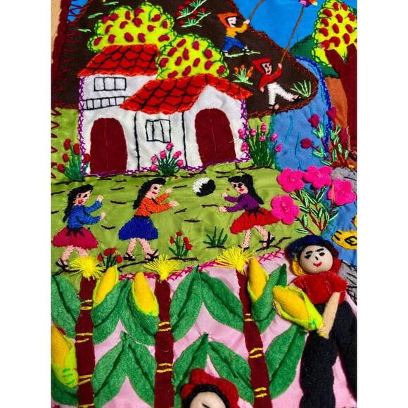 Handmade Peruvian Arpillera Wall Hanging Quilt 3D Folk Art Village Scene Decor - Picture 3 of 9
